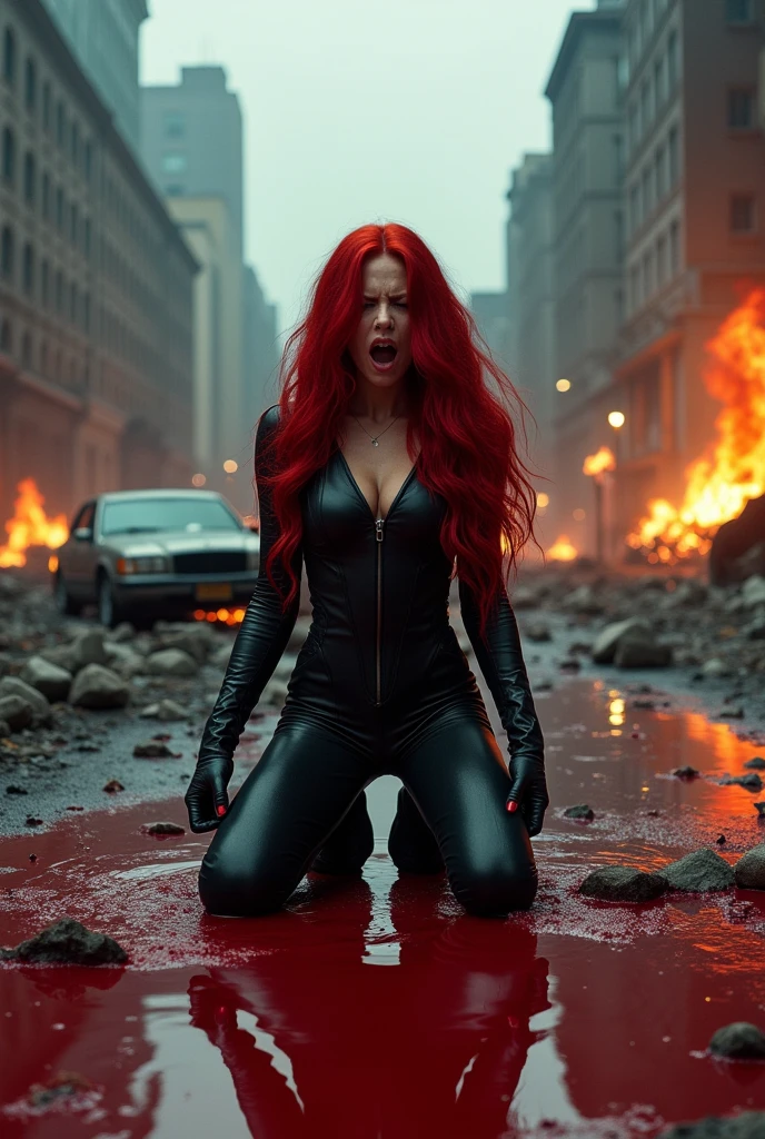 A beautiful woman under the cloak of the Scarlet Witch with long red hair wearing a leather jumpsuit Scarlet Witch costume kneeling screaming exhausted after an extensive battle blood around her reflection of her in her blood apocalyptic city cars and buildings on fire Marvel Studios logo
