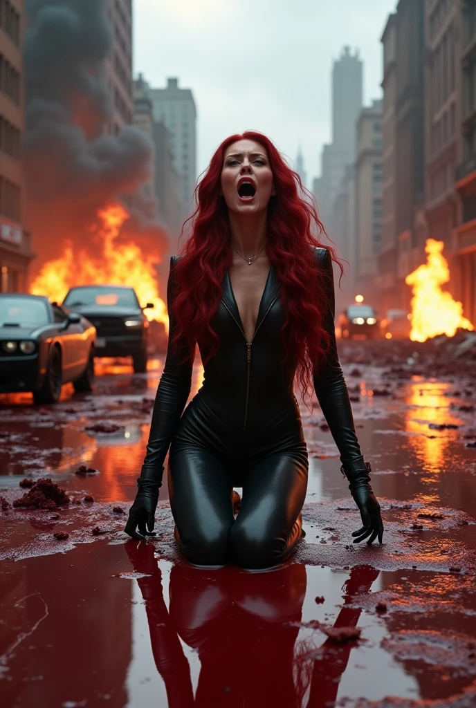 A beautiful woman under the cloak of the Scarlet Witch with long red hair wearing a leather jumpsuit Scarlet Witch costume kneeling screaming exhausted after an extensive battle blood around her reflection of her in her blood apocalyptic city cars and buildings on fire Marvel Studios logo
