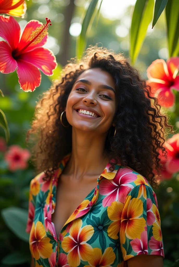 A Brazilian woman in a lush tropical garden, wearing an open shirt with a floral print, with a close-up capturing the harmonious beauty between her  and the natural flowers, showing off your natural charm and outgoing personality.