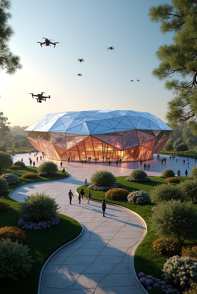 Create a concept design of a diamond shaped arena and please show me the exterior design