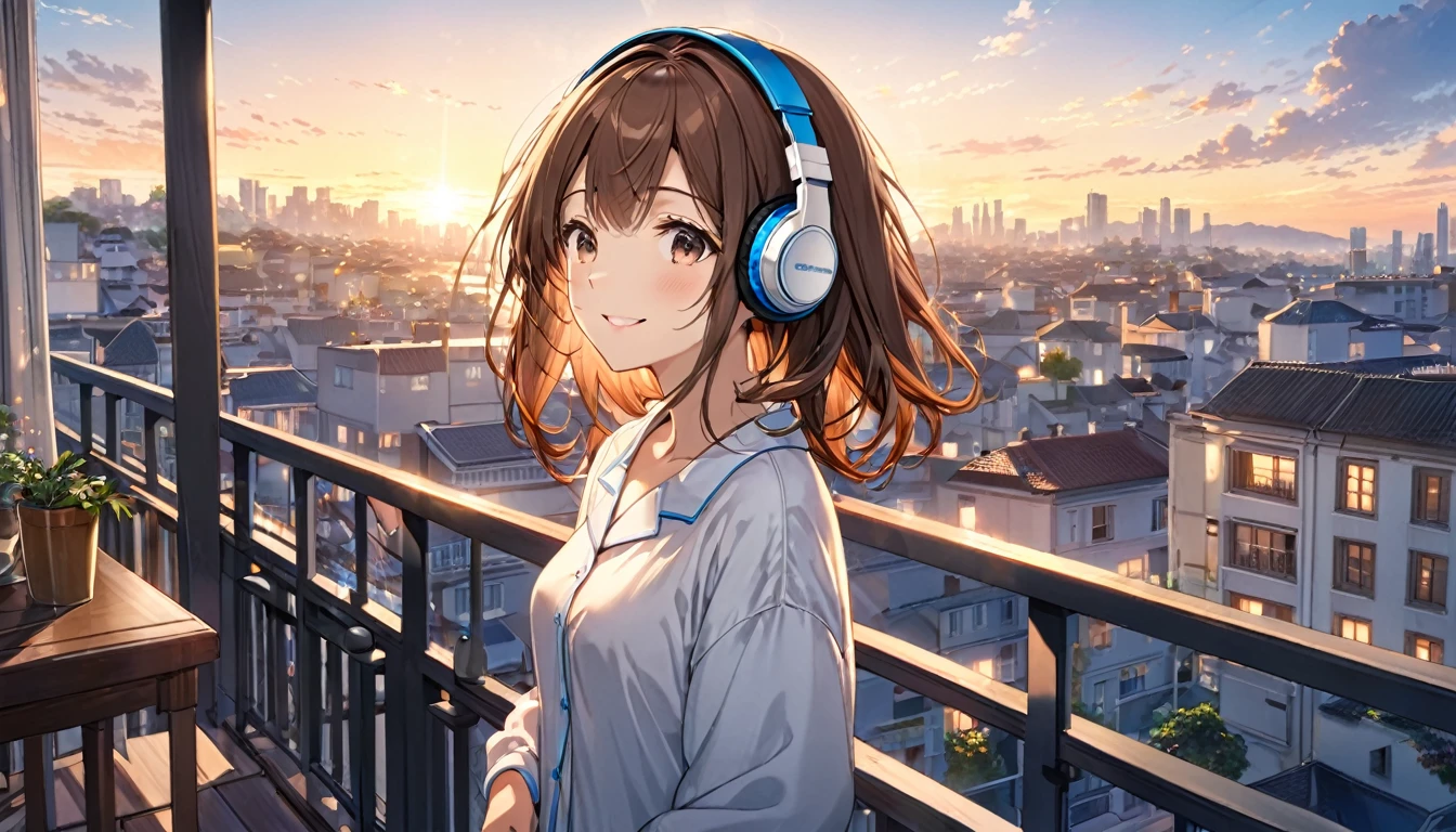 (Brown haired woman wearing headphones). (Listening to background music on a quiet early morning balcony). (Very detailed, masterpiece, Highest quality, bright). (Anime Style).
background: A glimpse of the morning glow and the cityscape.
expression: Refreshing smile.
Costume: Lightweight pajamas.
Pause: Standing on the balcony、Looking up at the sky.
scene: Still quiet early morning、A moment to start the day with refreshing background music.
