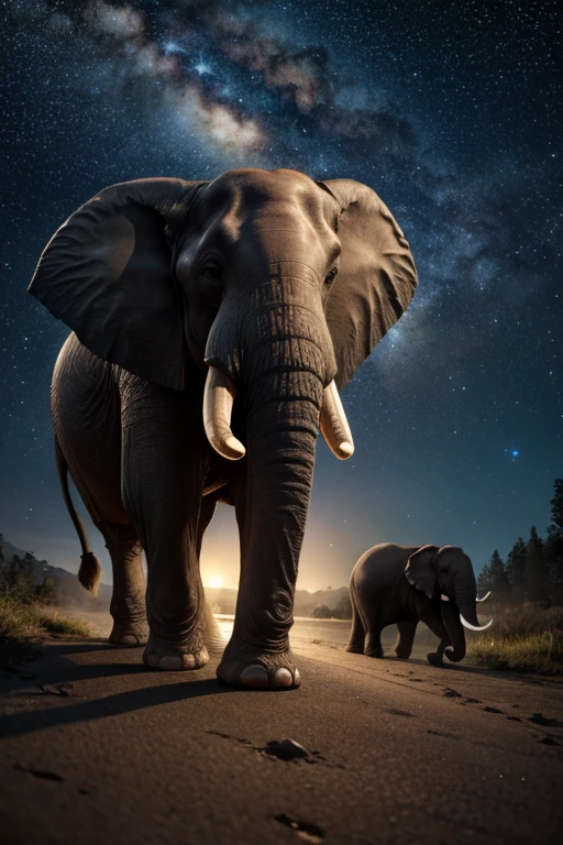 best quality, high quality, ultra quality, 8k, masterpiece, detailed, extremely detailed, insanely detailed, ultra detailed, ultra highres ,exquisite, lifelike Images,cinematic experience,UHD picture,Realistic,photorealistic,hyperrealistic,vivid,RAW photo,shot by DSLR, Starry night sky, stars in the sky, Elephant prowling, night sky, elephant,