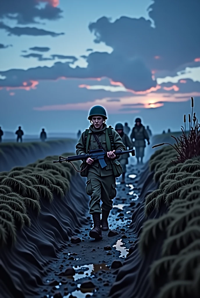 creates a dreamlike image of Argentine soldiers in trenches fighting on the Falkland Islands in 1982