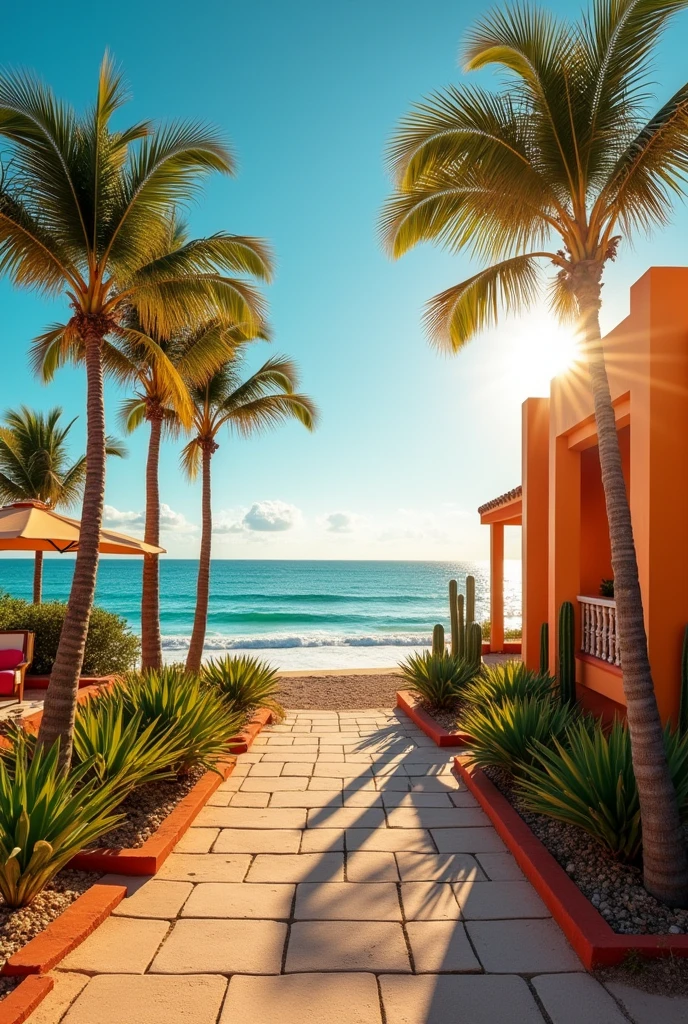 I need a landscape image, that exposes the territory of La Guajira-Colombia, where you can see the beaches, part of a hotel, and representative things of that place