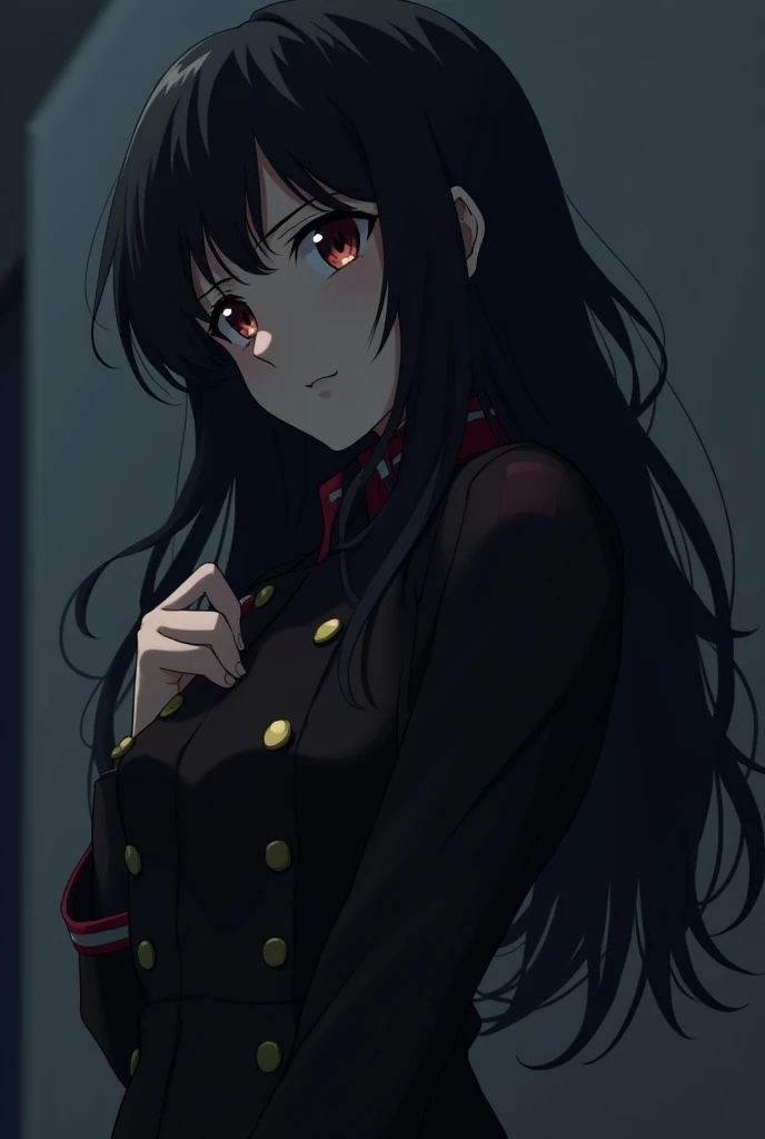 An anime girl, ruffled long hair, black hair, beautiful, lazy look, bored eyes, military uniform, half body, cold, dark theme, cool pose