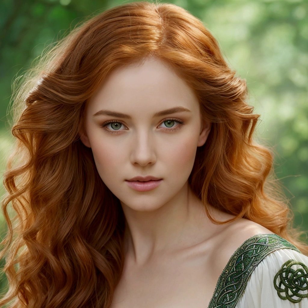 A breathtaking Celtic woman, full body, elegantly in a verdant forest, seen full length, wearing a short flowing white dress adorned with intricate silver embroidery and delicate Celtic knot patterns. Her long, wavy hair cascades down her shoulders and she wears white stockings with subtle lace details. The background is filled with ancient stone ruins and vibrant wildflowers, bathed in soft, ethereal sunlight. The scene has an enchanting, almost mystical quality reminiscent of classical painting styles such as Pre-Raphaelite art, emphasizing beauty and nature in harmony.