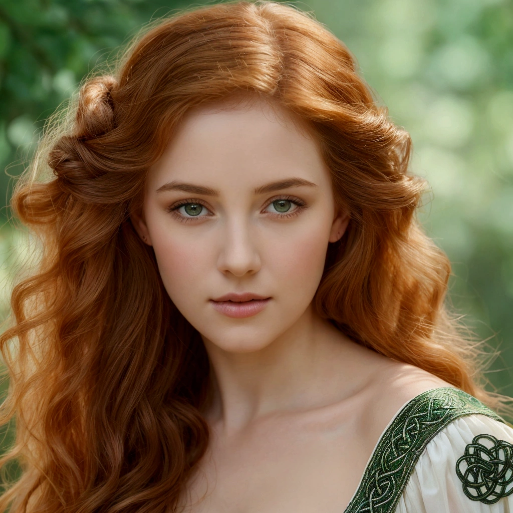 A breathtaking Celtic woman, full body, elegantly in a verdant forest, seen full length, wearing a short flowing white dress adorned with intricate silver embroidery and delicate Celtic knot patterns. Her long, wavy hair cascades down her shoulders and she wears white stockings with subtle lace details. The background is filled with ancient stone ruins and vibrant wildflowers, bathed in soft, ethereal sunlight. The scene has an enchanting, almost mystical quality reminiscent of classical painting styles such as Pre-Raphaelite art, emphasizing beauty and nature in harmony.