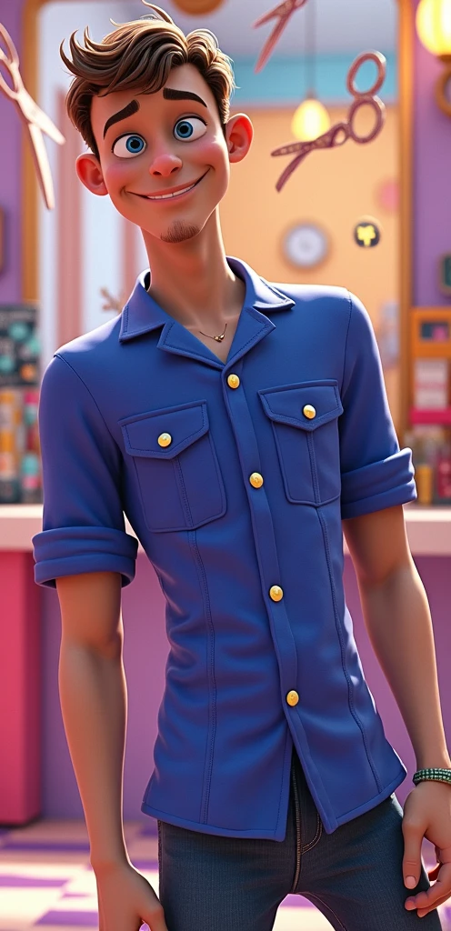 A Dream Barber Inspired by Pixar Animation, up close. The character is the center of attention with captivating facial expressions, offering a touch of unreality, Short, thin brown hair