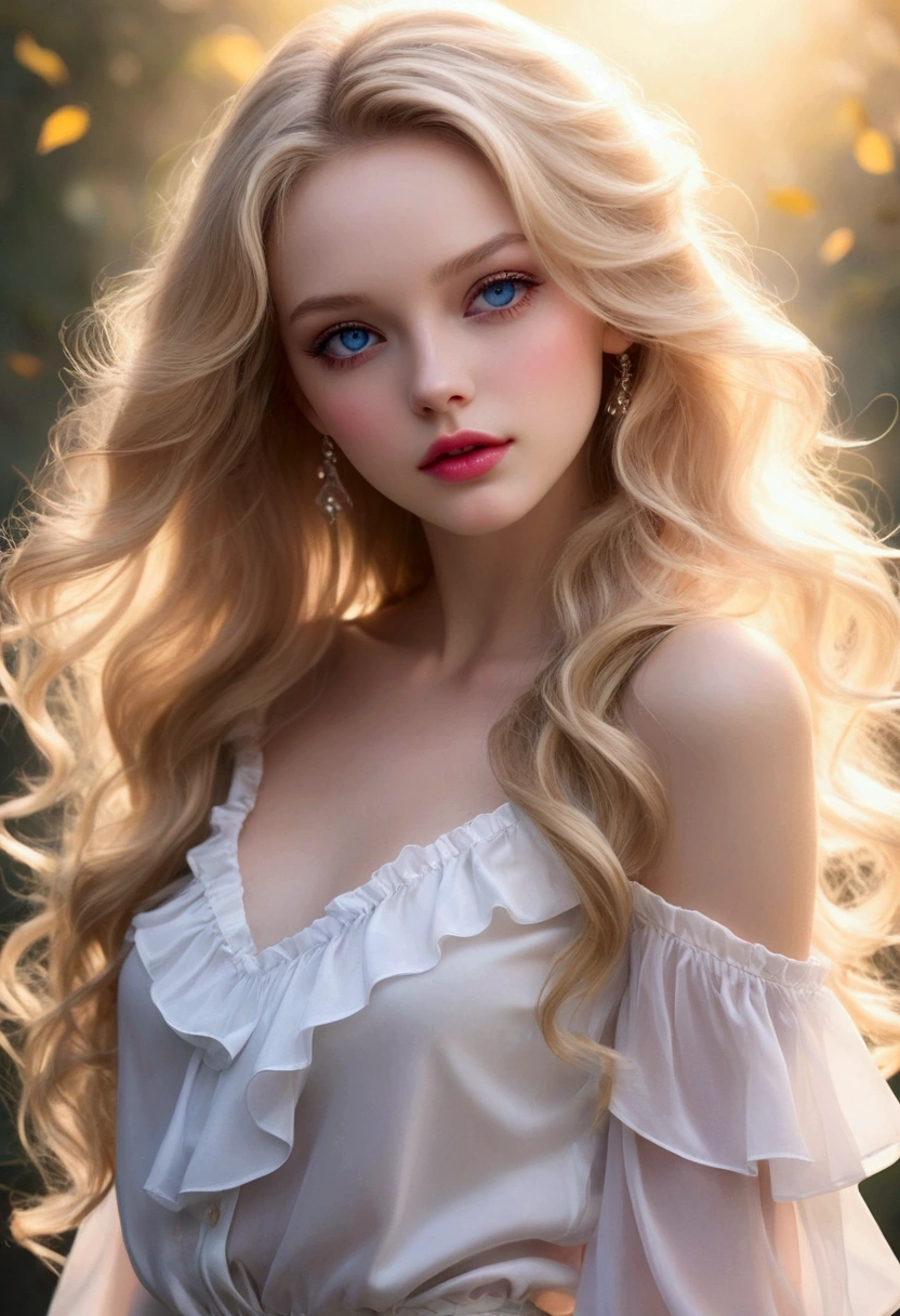Realistic texture, vivid silhouette, (Shiny layered wide frill blouse, Off-Solder Pure White Blouse), A woman with a beautiful face, with glossy pale skin and blue eyes., Glossy pink lips, soft starlight, Dance with a dreamy expression as if you are dreaming. (Long blonde hair flowing down her forehead, Full head of hair, Shiny hair), Camera angle capturing the upper body above the hips, clear resolution, Clear picture quality, realistic atmosphere, Bright Themes, 초realistic atmosphere, (vivid silhouette, masterpiece, best quality), Blurry nature background.