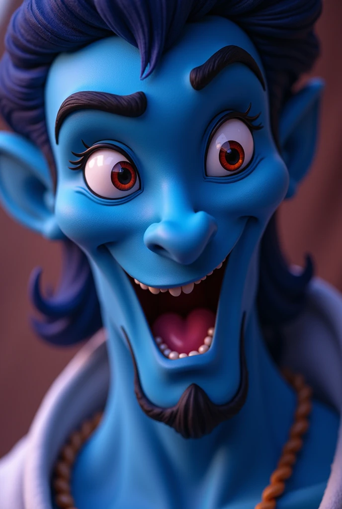 Close-up of Aladdin, the main character in the Disney film Aladdin. Close-up of Genie the Lamp Fairy. Jeanie the Lamp Fairy faces many adventures as Aladdin's master. Genie's expression is curious, super energetic and good at telling jokes. She is a friendly lamp fairy who always makes everyone around her feel at ease. He begs for freedom to escape from the lamp where he belongs. Jeannie is a big, macho man with a blue body. He specialises in the ability to transform into anything. He inhabits a lamp and when he rubs it, smoke comes out of the lamp's mouth. His mouth is supposed to be wide open, reflecting the surreal world of the desert kingdom of Agrabah. The jolly lamp fairies Jeannie, Aladdin and the Wizard. The lighting is soft yet dramatic.