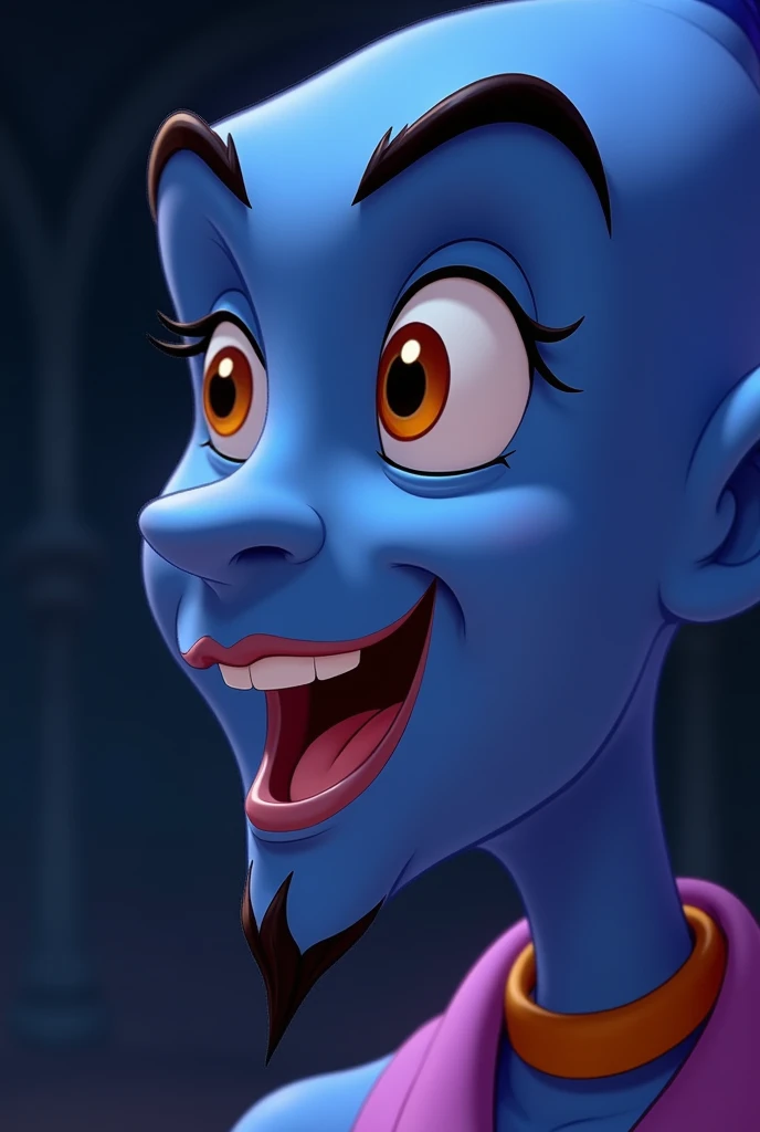 Close-up of Aladdin, the main character in the Disney film Aladdin. Close-up of Genie the Lamp Fairy. Jeanie the Lamp Fairy faces many adventures as Aladdin's master. Genie's expression is curious, super energetic and good at telling jokes. She is a friendly lamp fairy who always makes everyone around her feel at ease. He begs for freedom to escape from the lamp where he belongs. Jeannie is a big, macho man with a blue body. He specialises in the ability to transform into anything. He inhabits a lamp and when he rubs it, smoke comes out of the lamp's mouth. His mouth is supposed to be wide open, reflecting the surreal world of the desert kingdom of Agrabah. The jolly lamp fairies Jeannie, Aladdin and the Wizard. The lighting is soft yet dramatic.