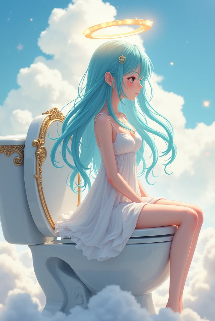 a anime girl with blue hair and a halo and perfect white chlotes from the heeavens and she is pooping in a perfect toilet from the heavens
