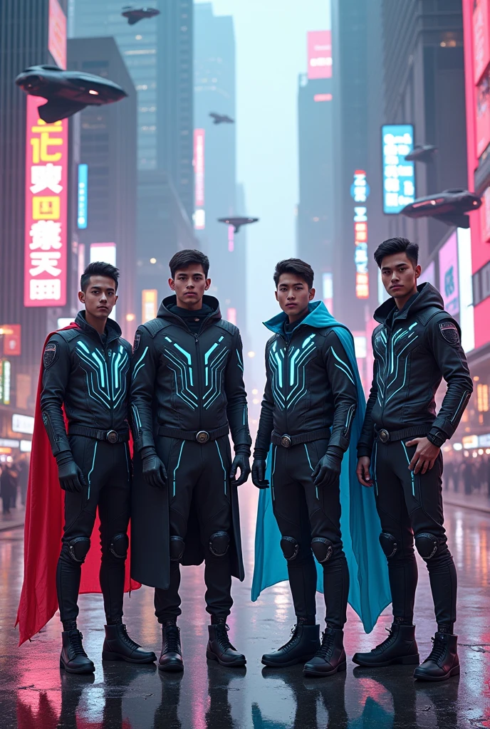 4 young men in futuristic outfits 
