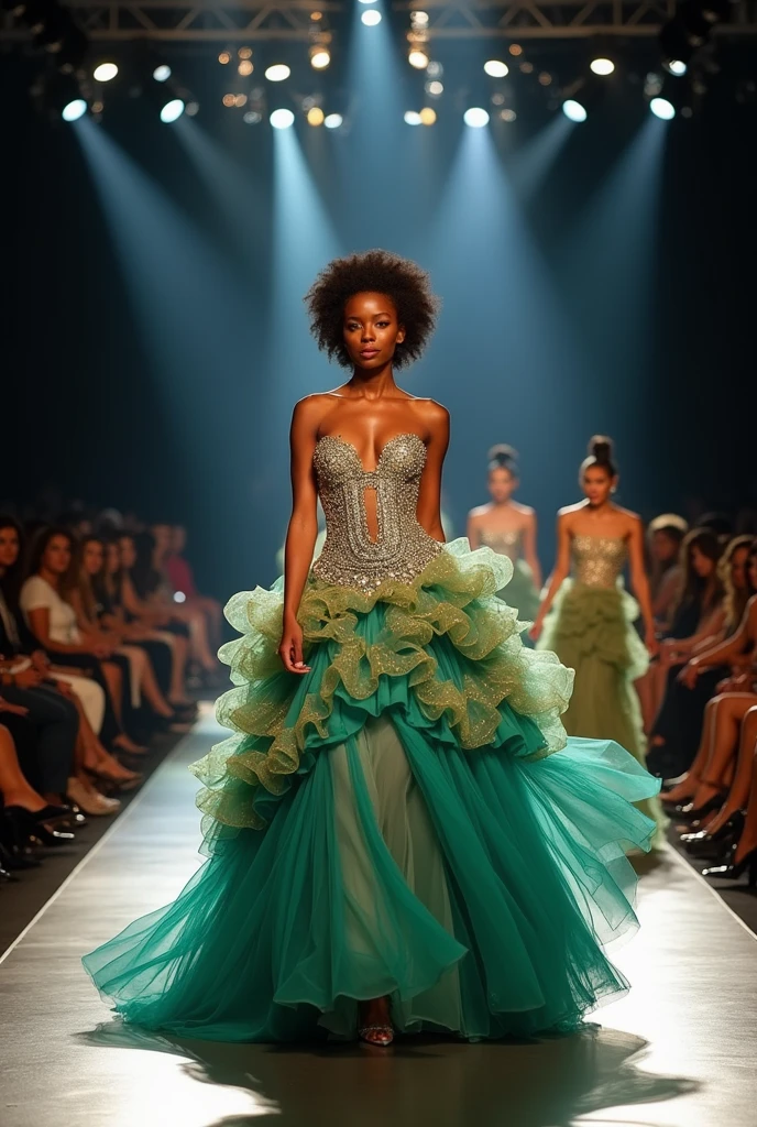 Beautiful young black woman dressed in a big extravagant dress fashion show