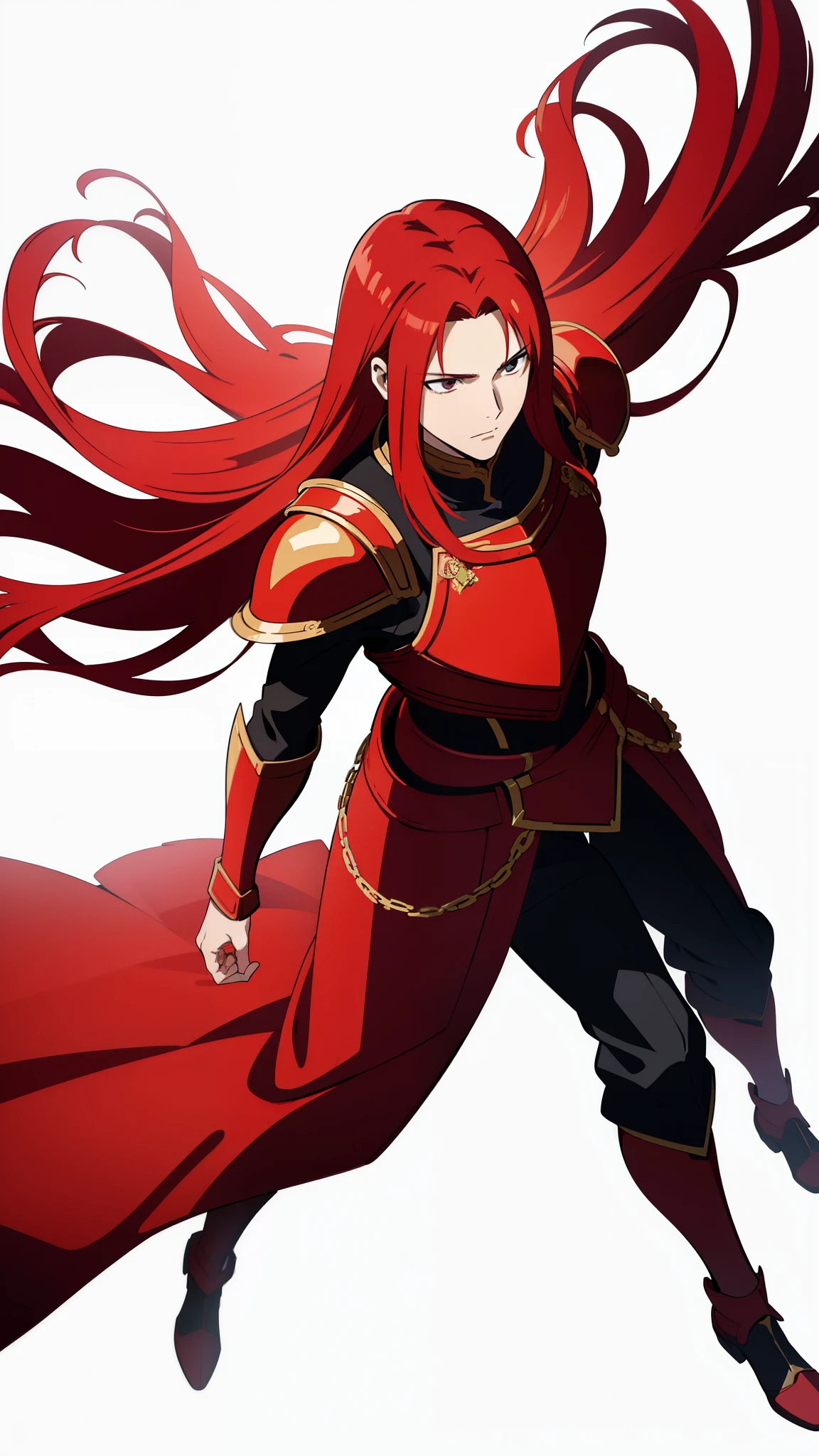 (1man,25 years old),red hair,long hair,red knight armor, expressionless,walking, (white background, from above)