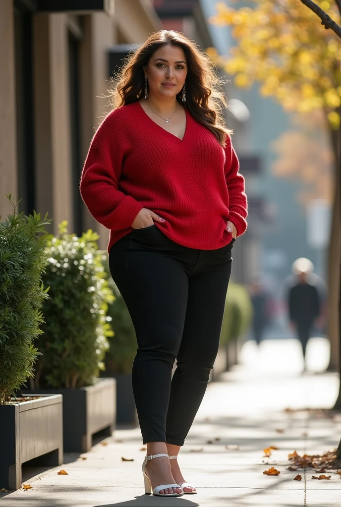 Full body image of a woman wearing a red long-sleeved sweater, black pants, and white sandals