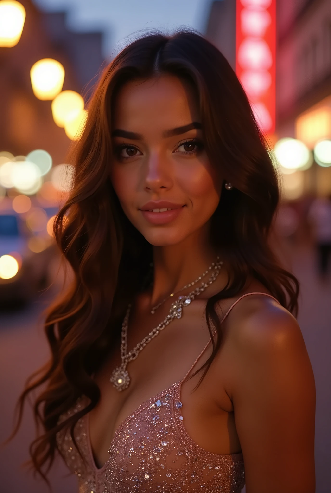 Create a girl with very beautiful Latina features with wavy hair and brown eyes with a sexy look