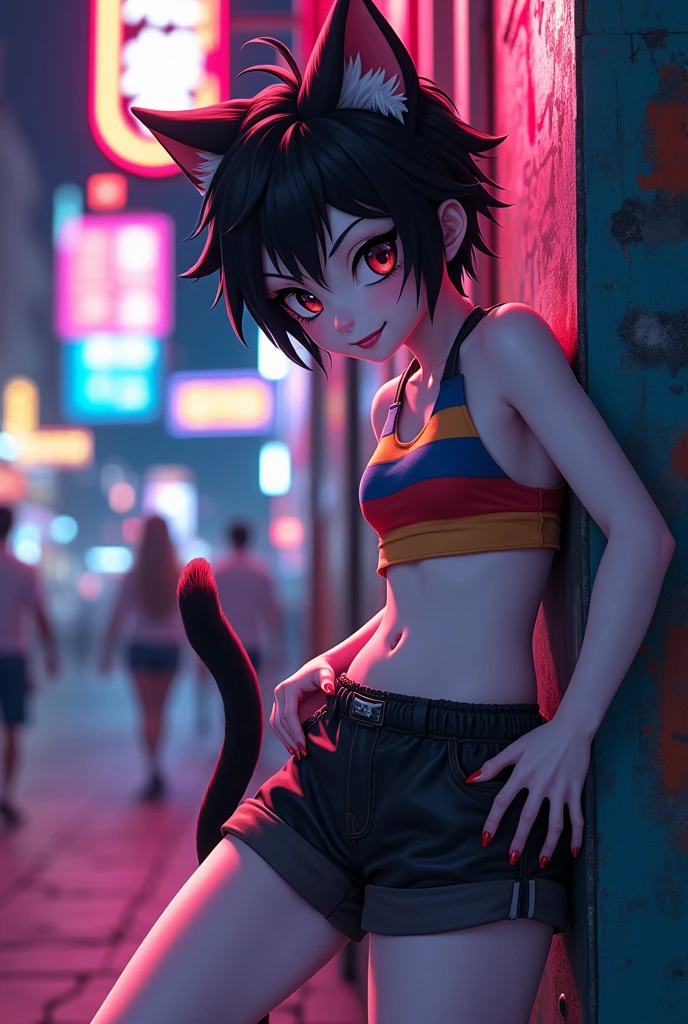 a catboy. a pervert catboy. a with white skin and black hair with two cat ears and a tail. he’s wearing a regatta and a short.