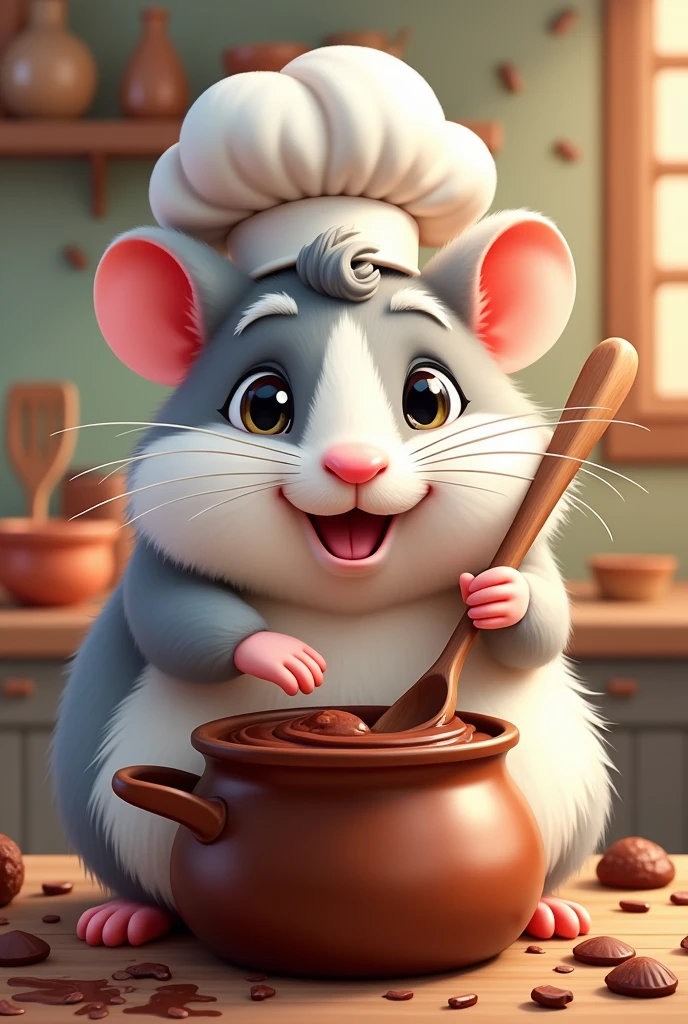 Create a 2D logo of a Hamster with very messy white and gray fur wearing a chef's hat stirring a pot of chocolate with a wooden spoon