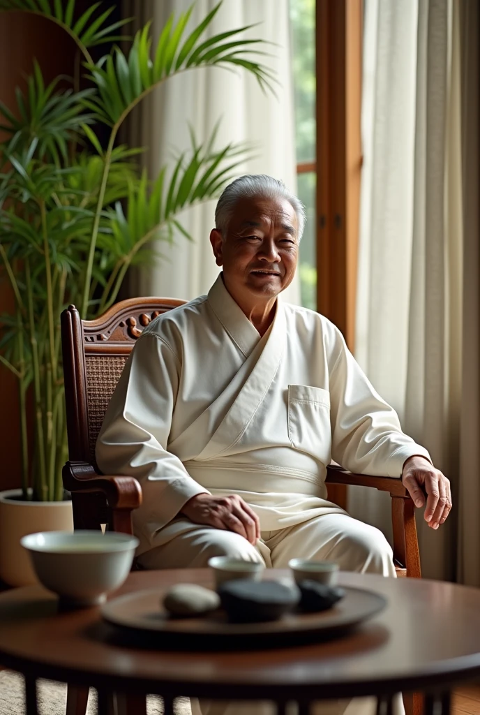 Asian man is sitting on a chair in the room, behind him is a charming feng shui tea table space. He looks a lot like a feng shui master
