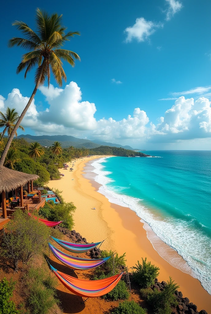 I need a horizontal landscape image that shows the territory of La Guajira-Colombia, where you can see the beaches, part of a hotel, and representative things of that place 