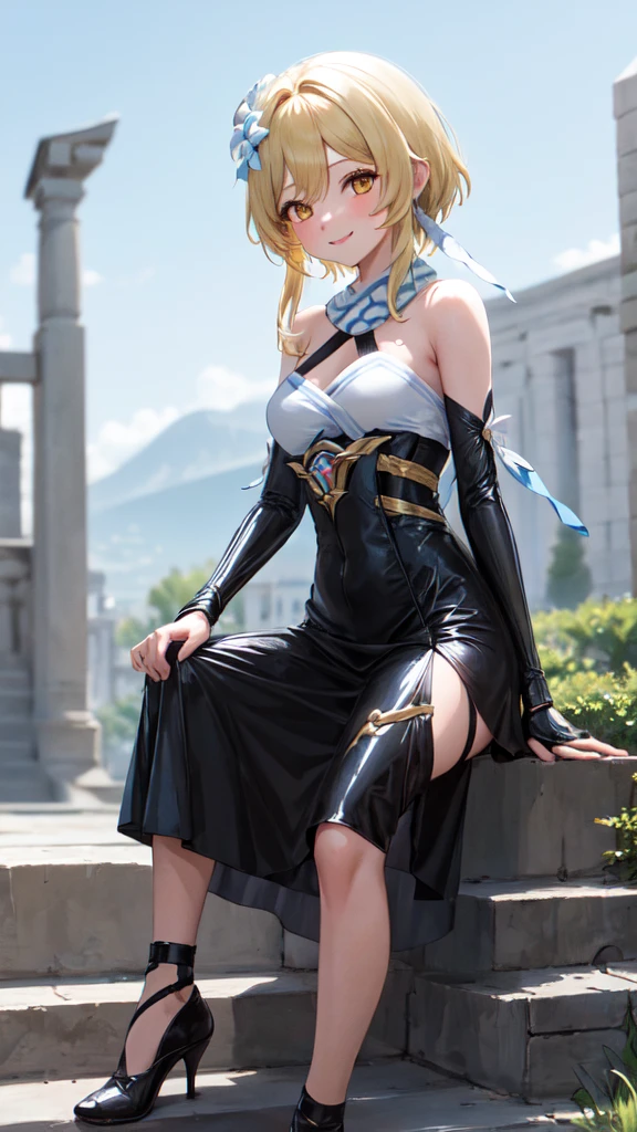 luminedef, whole body, smile, blush, on open air, day, simple background, blue sky, short hair, sky, the temple, I look at the viewer, sitting on the stairs, mountain, moody lighting, Black latex dress, high heels 