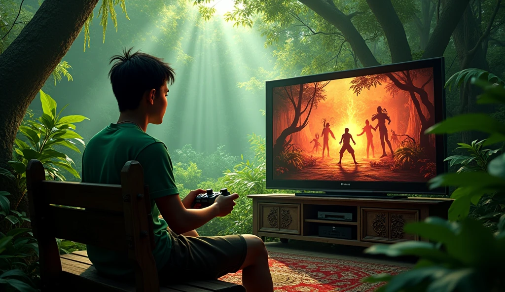 A man plays Ninja vs Khmer Ghosts on a PlayStation 2 in 2003, using a large TV screen to experience the gameplay in a tropical jungle in Cambodia. The game is an action-adventure game that puts players in the role of a ninja battling Khmer ghosts and spirits that haunt the jungle.