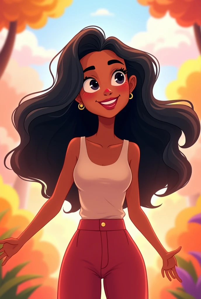 I want you to generate an animated image of me, I am a 37 year old girl, light to tanned skin, wavy fur, up to the middle of the back, cut in gradient, black. I have a round face, broad forehead, well defined and thick eyebrows, black eyes, not very big, A straight nose, regular size.