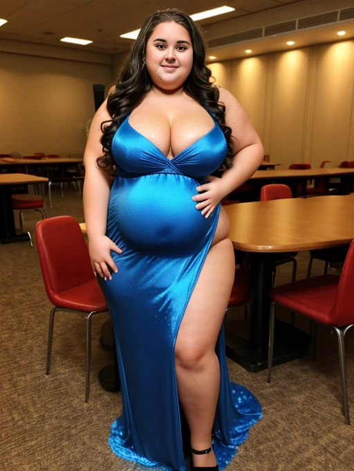 A very fat 16 year old girl at school prom, massive belly, very fat, big boobs, giant butt, cubby arms, large thighs, wearing a long blue dress, long wavy hair, belly very big, bloated belly, full body view, dim lights, flashy lights, next to food bar, is happy, wearing heals