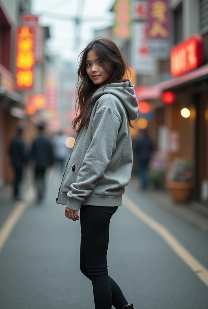 photo of a beautiful girl wearing casual shirt with a hoodie and tight leggings, in Oyo room street, messy medium hair, slim body, view from back, medium upper body shot, looking at the camera, cute smile, shallow depth of field, gyat, full body, shoes