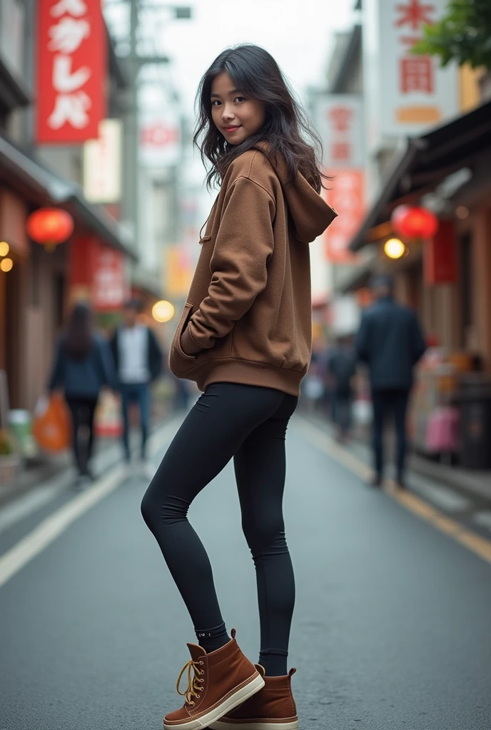 photo of a beautiful girl wearing casual shirt with a hoodie and tight  leggings, in Oyo room street, messy medium hair, slim body, view from back, medium upper body shot, looking at the camera, cute smile, shallow depth of field, gyat, full body, shoes