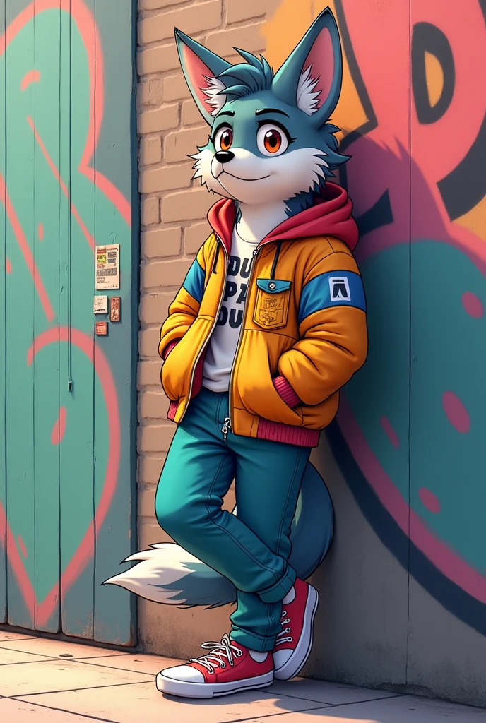 Animated wolf standing, crossing hand, pose tilted 45 degree to the side, anime style, wearing pocket ful jacket, leaning onto wall, crossing leg inside, casual shoes, short body