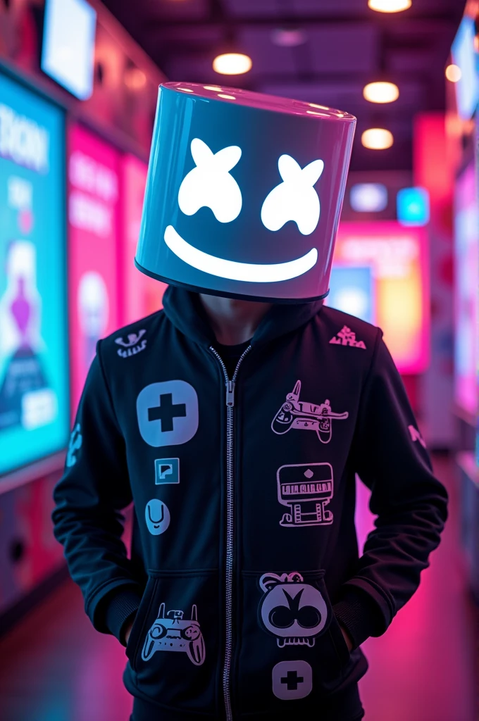 Marshmello standing smiling and posing which looks eye catching and appeal to gaming enthusiastic and youtube viewers 