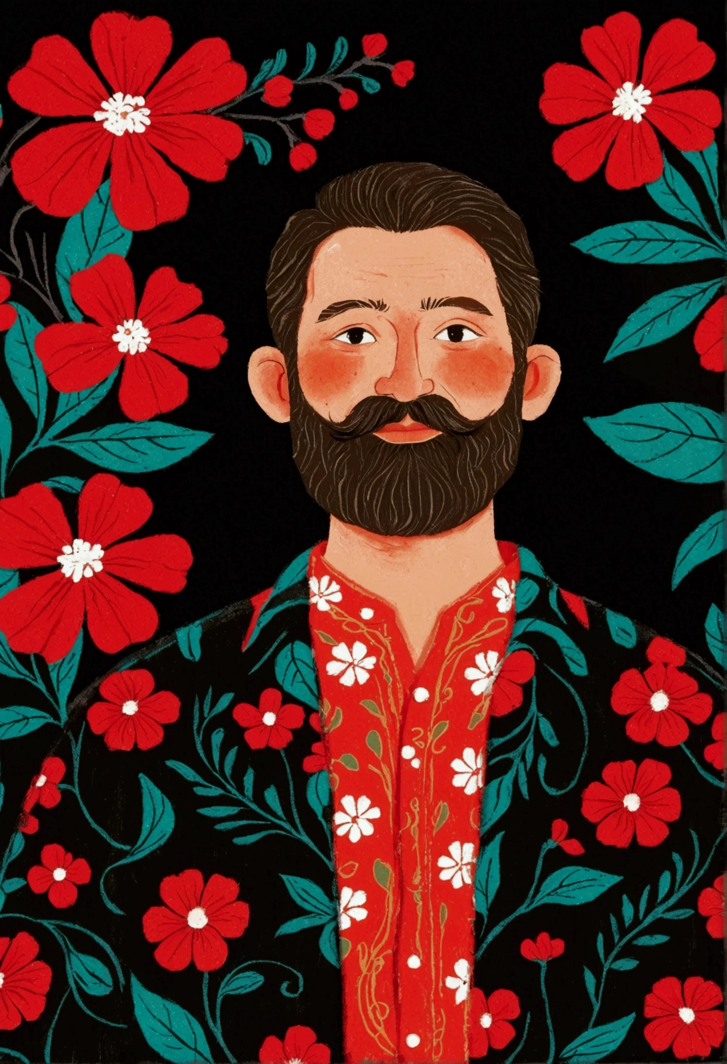 there is a man with a beard, Digital rendering by Paul Bird, Shutterstock competition winner, Folk art, Red Flowers-Hawaiian Shirt, Imitating Corey Loftis, Juster Battle,Black solid color background