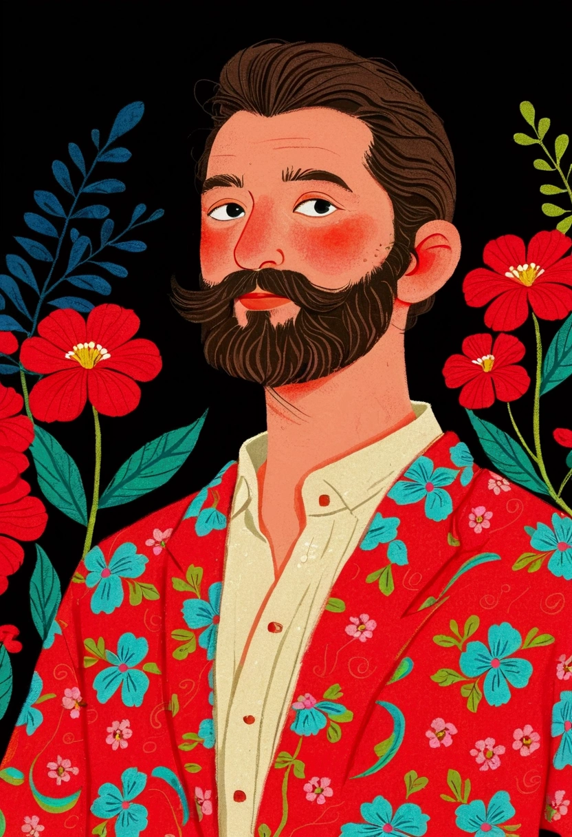 there is a man with a beard, Digital rendering by Paul Bird, Shutterstock competition winner, Folk art, Red Flowers-Hawaiian Shirt， Imitating Corey Loftis, Juster Battle,Black solid color background