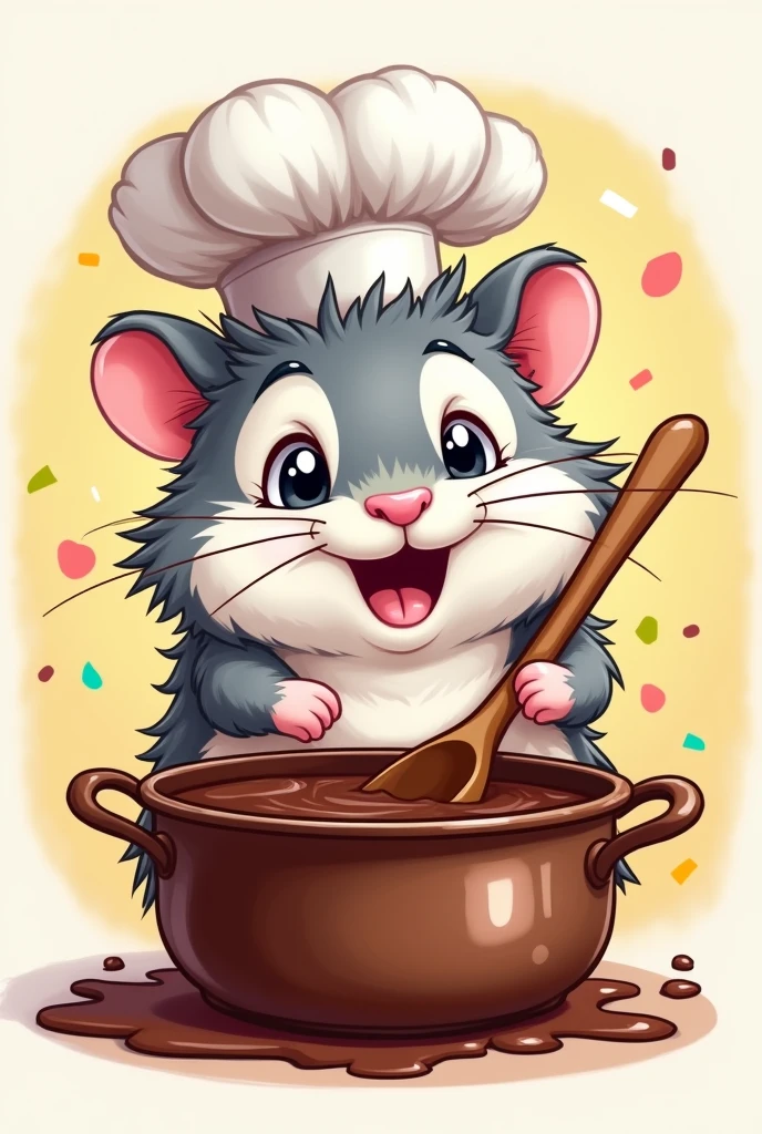 Create a 2D logo of a Hamster with very messy white and gray fur wearing a chef's hat stirring a pot of chocolate with a wooden spoon
