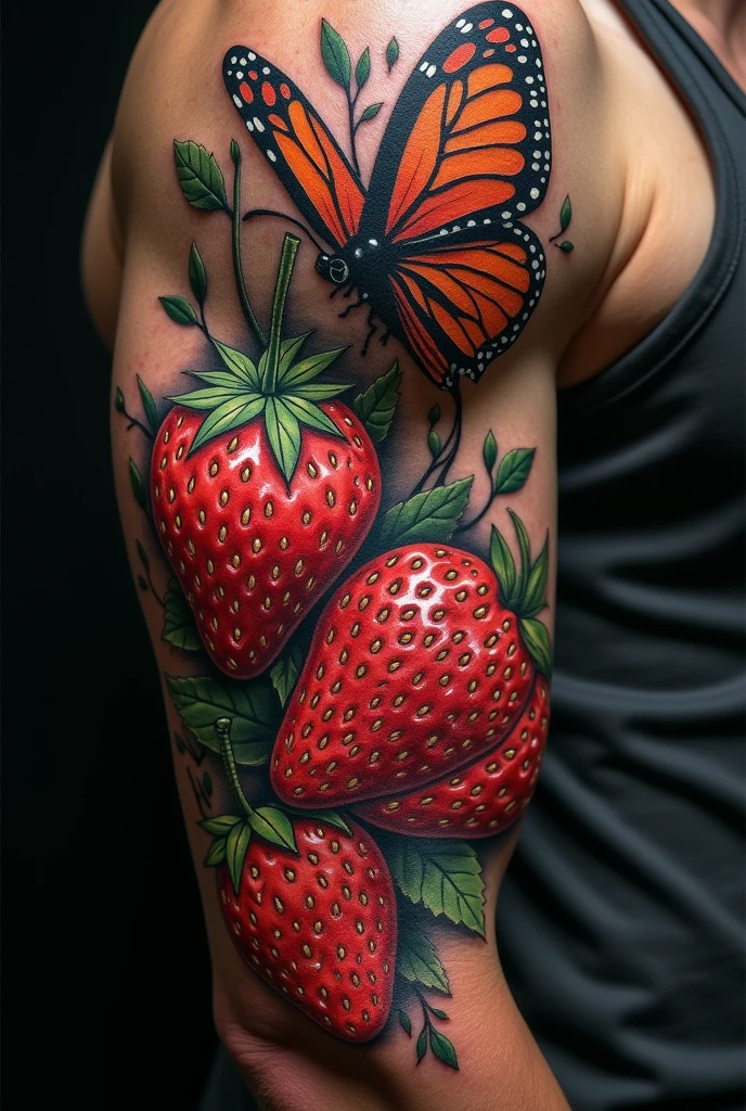 A masculine tattoo featuring a strawberry and a butterfly