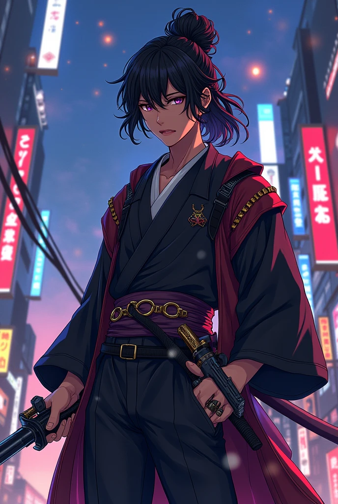 anime character, black male, uses a katana and two pistols, has long curly hair and ties it in a bun
