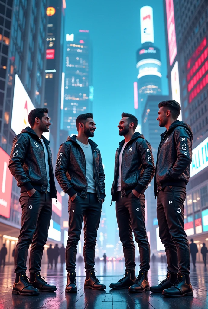 4 young European men in futuristic outfits