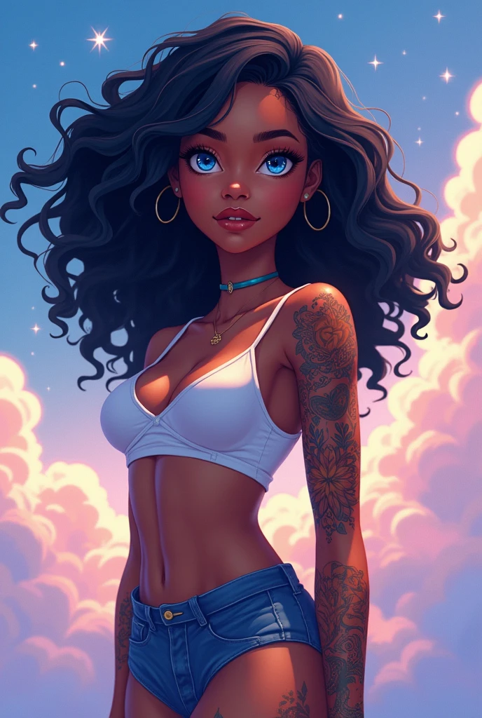 African American woman, young adult, blue eyes, anime, naked