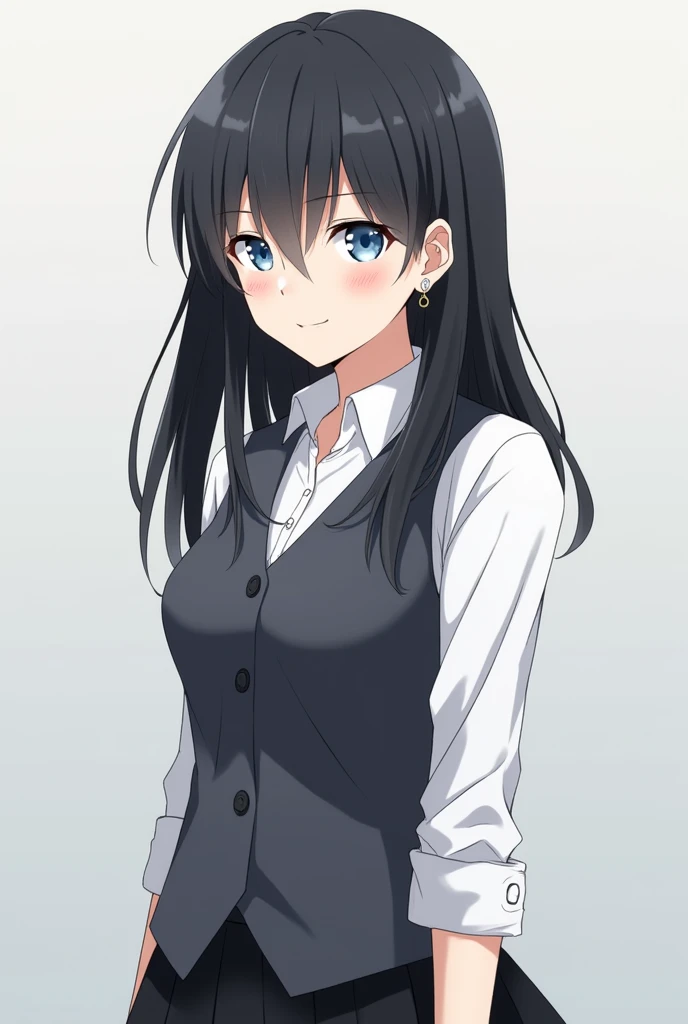 More mature anime style image. A gray background image. A girl with long black hair down with a side bang covering her light blue eyes, a serious expression in a school uniform, a white dress blouse with one button unbuttoned with a vest over it, her sleeve rolled up to her elbow, the blouse remaining over over your black skirt. He had some piercings in both ears and a small smile on his lips.
