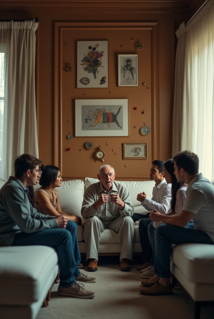 Surreal photo of a group of young people sitting with an angry old man in a large room with brown walls ,the white sofas