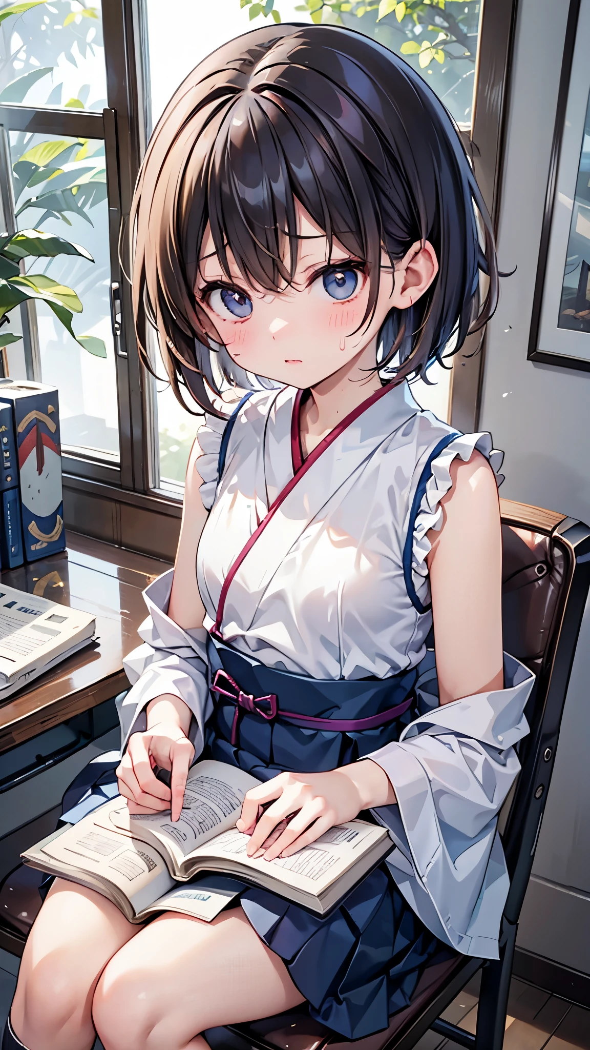 Japanese、One high school girl、、Short Hair、Sleeveless shirt、itting in a chair、Reading a book、Desk in my room、Barely、looking at reference books、Serious expression、Sweating all over the face、The gaze is looking down、Not looking at me、