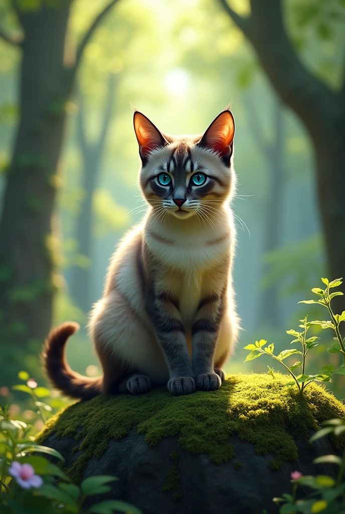 Draw a cat with blue eyes in the forest. Use maximum realism, As in the photo. In the background, draw a clear forest without blurring.