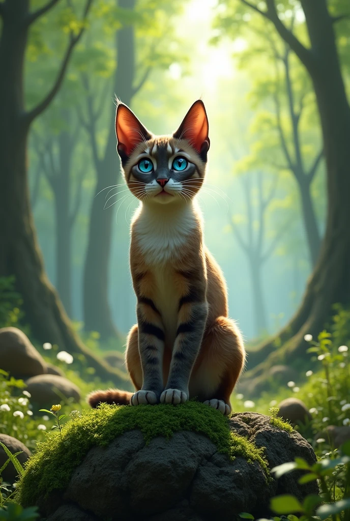Draw a cat with blue eyes in the forest. Use maximum realism, As in the photo. In the background, draw a clear forest without blurring.