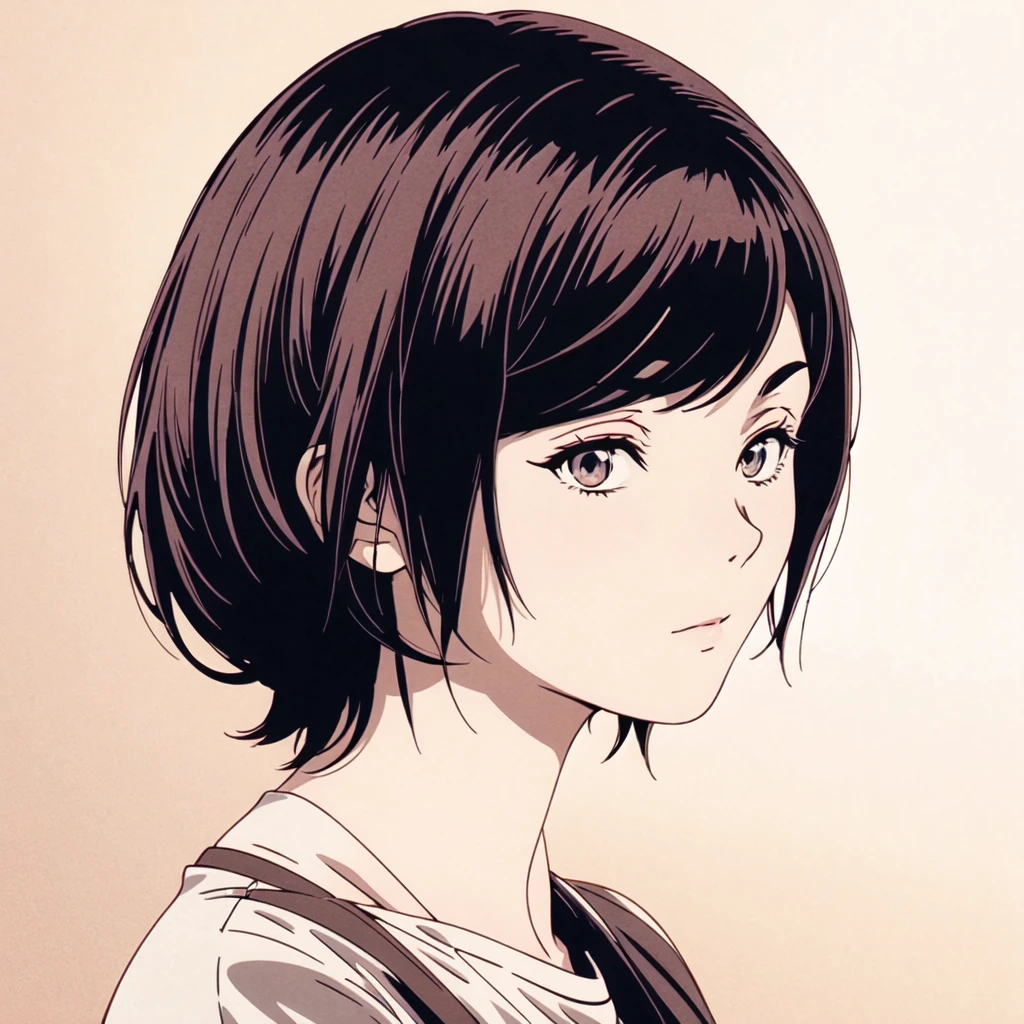 anime girl with black hair and a white t-shirt standing in front of a dark background, artwork in the style of guweiz, profile of anime girl, portrait anime girl, beautiful anime portrait, looking to the viewer, short black hair, bangs, closed mouth, t-shirt, (8K), (extremely detailed), (best illustration), (best quality), (ultra-detailed), (masterpiece), (wallpaper),