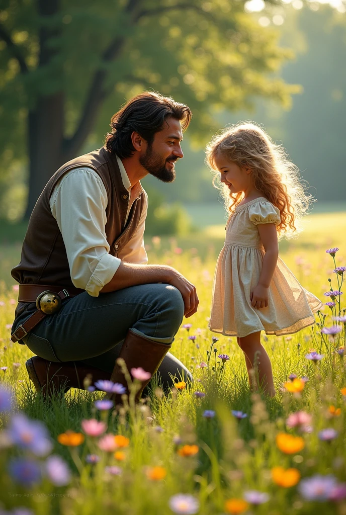 Jean Valjean with a bell tied to his knee while watching Cosette, a 6-year-old blonde-haired, blue-eyed girl, playing in the flowers