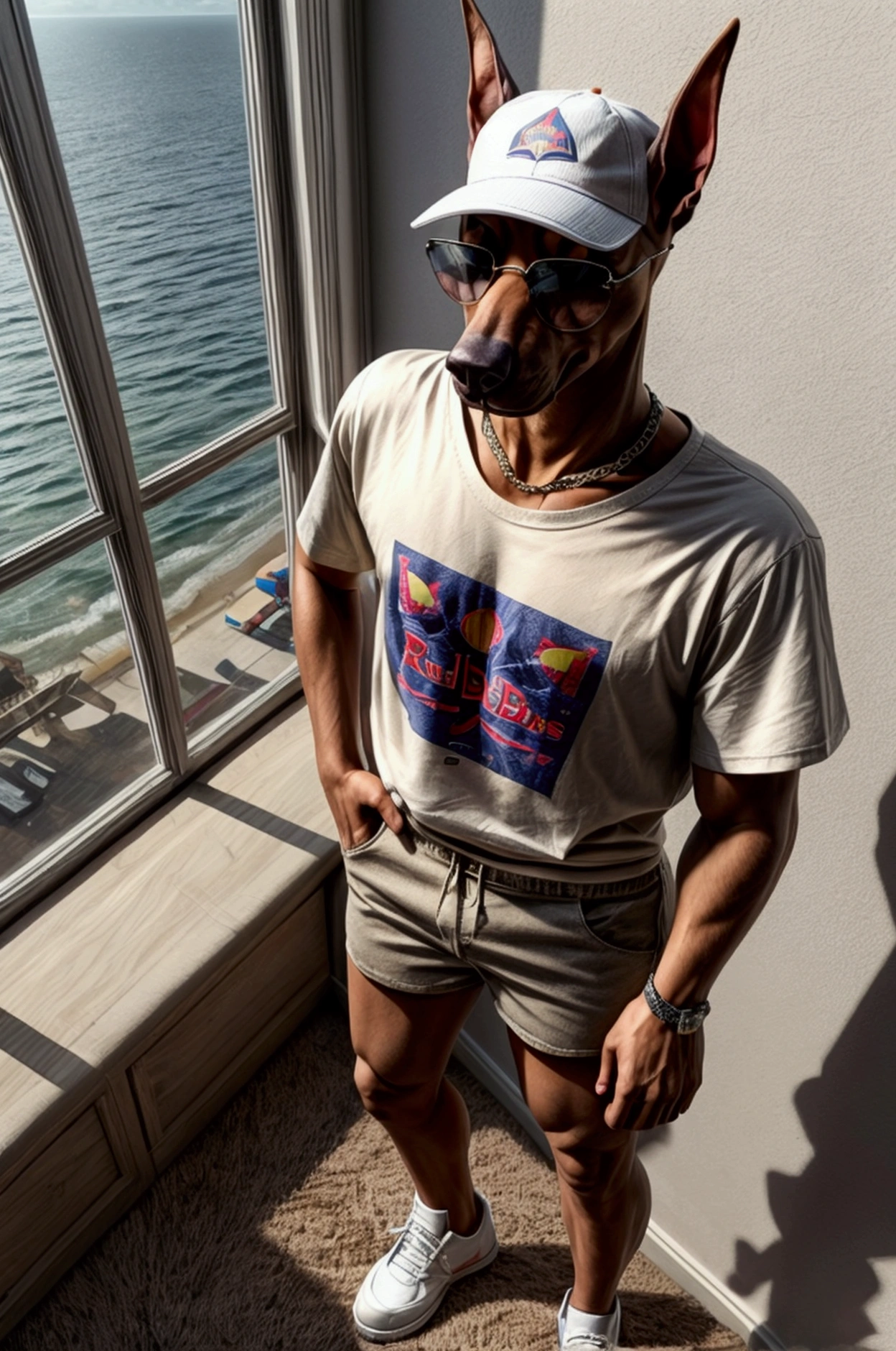Doberman wearing casual sneakers, beige twill shorts, t-shirt, sunglasses and cap in an apartment with a sea view drinking Redbull from above