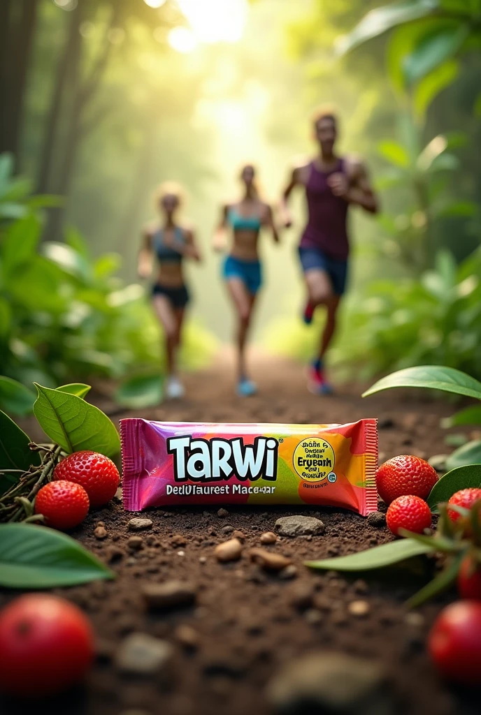 Generates an image of an energy bar called &#39;tarwi delight&#39; made from cagao and tarwi with different package colors in the jungle and people in the back doing sports and tarwi on the side, cape gooseberry and camu camu 