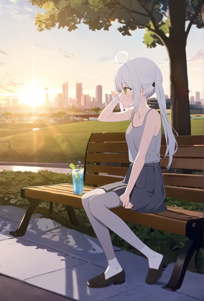 1girl, solo, white hair, long hair, pigtail , green eyes, full body, Grey stockings, gray skirt, gray tank top, sweaty, wiping sweat, drinking a drink, city park, sunrise, sitting on a wooden bench,